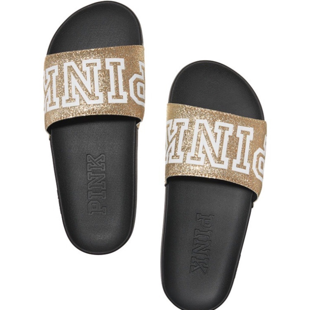 PINK Gold Bling Single Strap Slides